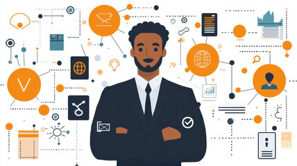 Poster - Abstract representation of AI governance featuring confident man in suit surrounded by digital icons and data visualizations, symbolizing technology and innovation