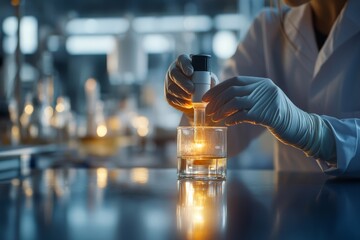 Poster - A scientist wearing gloves handles scientific equipment with focus. The scene is illuminated, showcasing innovation and dedication in a technological laboratory setting.