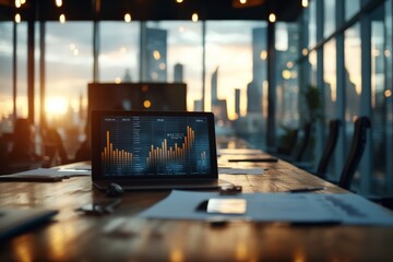 Poster - A modern office conference room with a laptop on a wooden table displaying charts, captured during the sunset, symbolizing business analysis and progress.