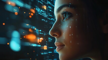 Poster - AI cyber security threat, female African American IT specialist analyzing futuristic holographic data information. blue & orange color, segmented reality artificial intelligence concept banner 