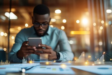 Poster - A focused man interacts with his smartphone as virtual graphs and data overlays appear, emphasizing advanced technology and analytical skills in a dynamic setting.