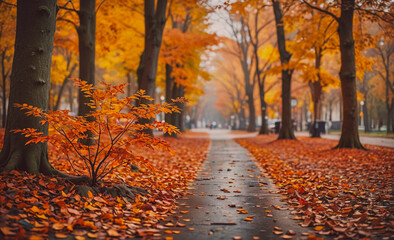 Poster - Path with leaves on the ground. A tree with leaves on it