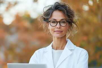 Poster - A female scientist with curly hair and glasses stands outdoors wearing a white lab coat, representing confidence and expertise in the scientific field.