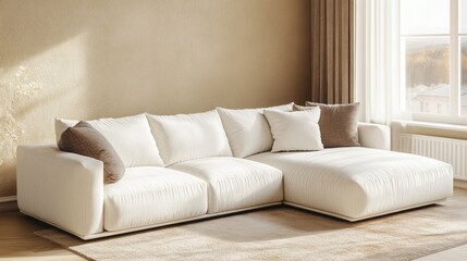 Poster - A white sectional sofa is in a room with a tan wall and tan carpet