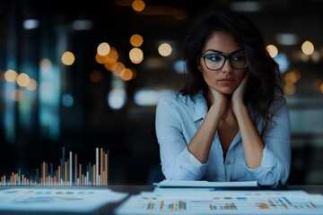 Poster - A focused woman wearing glasses studies data graphs under ambient lighting in a modern office, representing concentration, analysis, and strategic thinking.