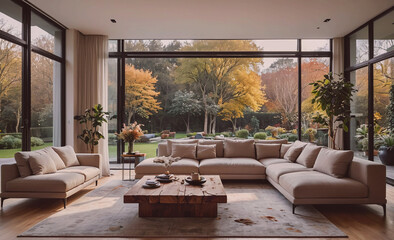 Poster - Large living room with a wooden coffee table and a couch. The couch is a sectional and has a lot of pillows. There are two potted plants in the room, one on the left and one on the right