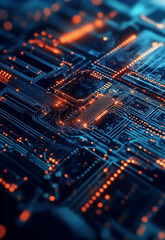 Poster - Modern circuit processor board technology machine. Digital background representing innovative technology in artificial systems, with AI lettering in the middle, neural interface. 
