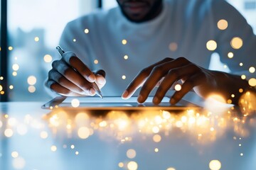 Poster - a person interacts with a tablet while surrounded by golden, glittering sparkles, symbolizing creati