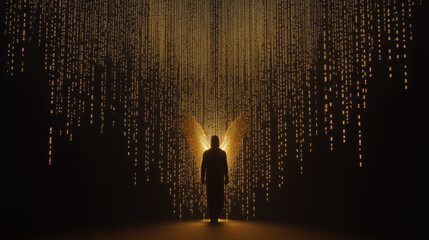 Poster - silhouette of angel with glowing wings stands against backdrop of golden light