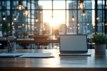 Poster - A sleek laptop sits on a desk in a modern office space, illuminated by warm sunset light filtering through large windows, creating a serene workspace ambiance.