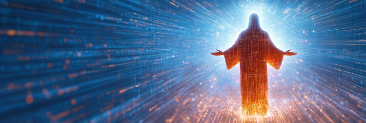 Poster - Religious figure resembling saint or angel in digital light