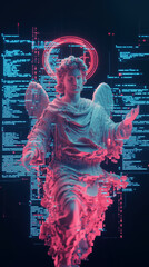 Poster - Digital angel statue with glowing halo and binary code background