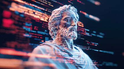 Poster - Digital statue resembling saint with glowing code, symbolizing technology