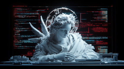 Poster - Digital angel sculpture with intricate details and glowing background