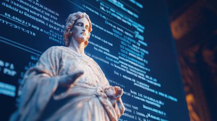 Poster - philosopher figure resembling saint stands against digital backdrop