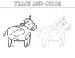 © juliyas - Trace and color black and white game for kids with a cute cow. Activity page in outline with a funny farm animal. Great for coloring book. Vector illustration