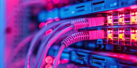 Poster - Colorful LED lights brighten network cables in the data center for efficient communication