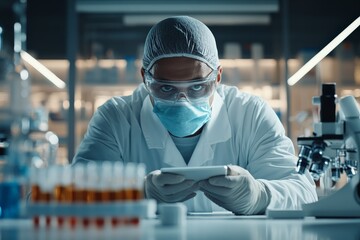 Poster - A focused scientist wearing protective gear conducts research in a modern laboratory, surrounded by test tubes, a microscope, and advanced technological equipment.