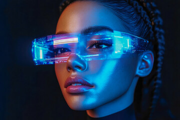 Poster - A woman in braided hairstyle wears high-tech blue illuminated visor glasses, reflecting a futuristic, digital theme.
