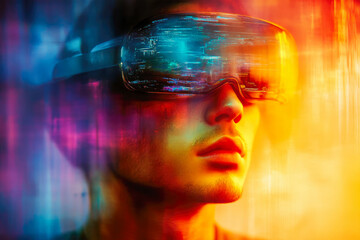 Poster - Technological depiction of a man immersed in cyberspace through futuristic goggles amidst vivid dynamic colors.