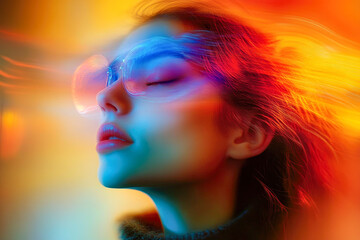 Poster - Vibrant image of a serene woman with glasses in a colorful, abstract glow depicting futuristic creativity.
