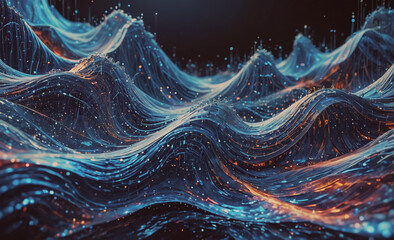 Poster - Blue wave with orange and white dots. The wave is very long and has many dots