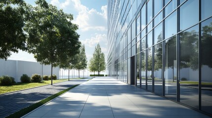 Aufkleber - A large glass building with a courtyard in front of it