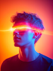 Poster - A dynamic side portrait of a person with an abstract colorful light streak across their eyes, evoking futuristic themes.