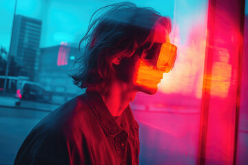 Poster - A man with flowing hair wears futuristic visor in glowing neon urban setting, reflecting tech and modern style.
