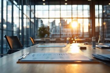 Poster - A modern conference room table with papers and pens, bathed in warm evening light streaming through large windows overlooking a dynamic cityscape.