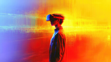 Poster - Side profile of a person with a VR headset immersed in a vibrant light-filled environment, exploring digital worlds.