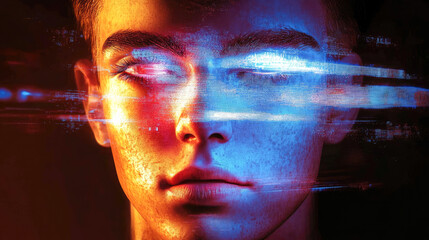 Poster - A digital artwork of a face with blue and red glitch effects, representing the collision of technology and human identity.