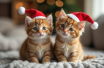 Wall Mural - Two kittens in Santa hats sit by a Christmas tree