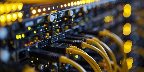 Poster - Detailed view of network servers with cables and flashing lights in a data center