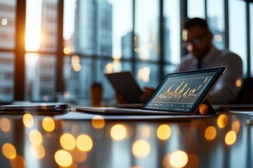 Poster - A business professional sits in a modern office with ambient lighting, focusing on a tablet that displays a colorful financial chart, depicting a busy work atmosphere.