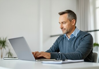 Poster - Confident entrepreneur concentrating on his work, typing on a laptop in a bright, contemporary office space