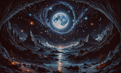 Poster - moon is in the sky above a rocky landscape. the moon is surrounded by stars. the sky is dark and the