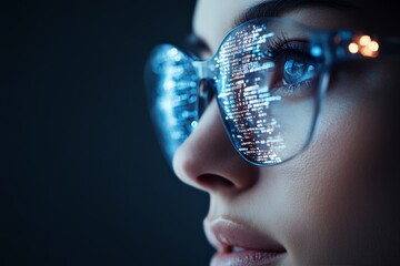 Poster - A close-up view of a woman wearing glasses reflecting digital data and code, symbolizing technology, innovation, and data-driven environments in a modern era.