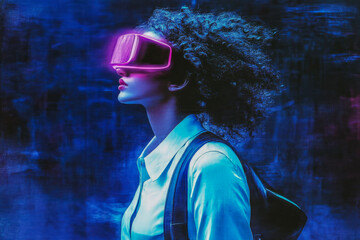 Poster - Profile of a woman in a vibrant blue digital world, adorned with a pink futuristic visor, in a dynamic scene.