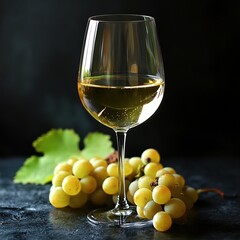 Wall Mural - Glass of white wine with green grapes and vine leaves.