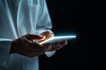 Poster - An individual wearing a white lab coat interacts with a glowing tablet device, highlighting the integration of technology in the medical field.