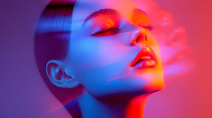 Poster - Portrays serene person bathed in soft blue-pink light, reflecting delicate beauty and ethereal calmness.