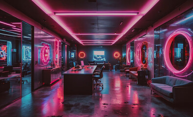 Poster - Neon pink room with a circular mirror and a neon sign. There are chairs and a desk in the room