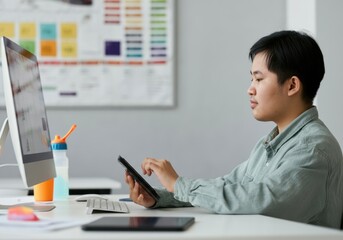 Poster - Asian man working with digital tablet and computer in modern office with colorful chart on the wall