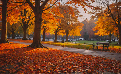 Aufkleber - Park with a bench and trees with leaves on the ground. The leaves are orange and yellow