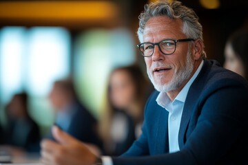 Poster - A professional, gray-haired man wearing glasses is actively engaged in conversation during a business meeting in a modern, well-lit office environment.
