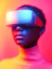 Poster - A vibrant image of a person with a glowing visor, bathed in neon hues, portraying futuristic and modern art.