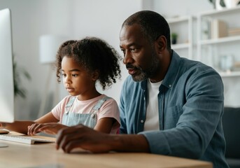 Poster - Grandfather and granddaughter sitting together at home and using computer