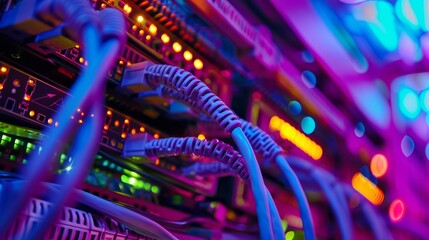 Poster - Colorful LED lights brighten network cables in the data center for efficient communication