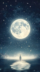 Canvas Print - A hand-drawn vector illustration featuring a full moon, twinkling stars, and a tiny white rabbit. The close-up shot resembles a Kodak Ektar photograph, ultra-realistic and 4K